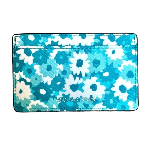 NWOT Michael Kors Teal Floral Leather Card Holder - Picture 1 of 11
